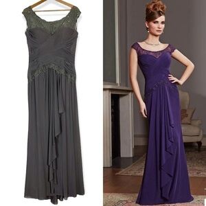 VM COLLECTION ILLUSION CAP SLEEVE RUCHED BUST BEADED FORMAL EVENING GOWN